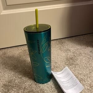 Starbucks Blue Floral Shimmer Flower Art Stainless Cold Straw Tumbler Cup 24 oz